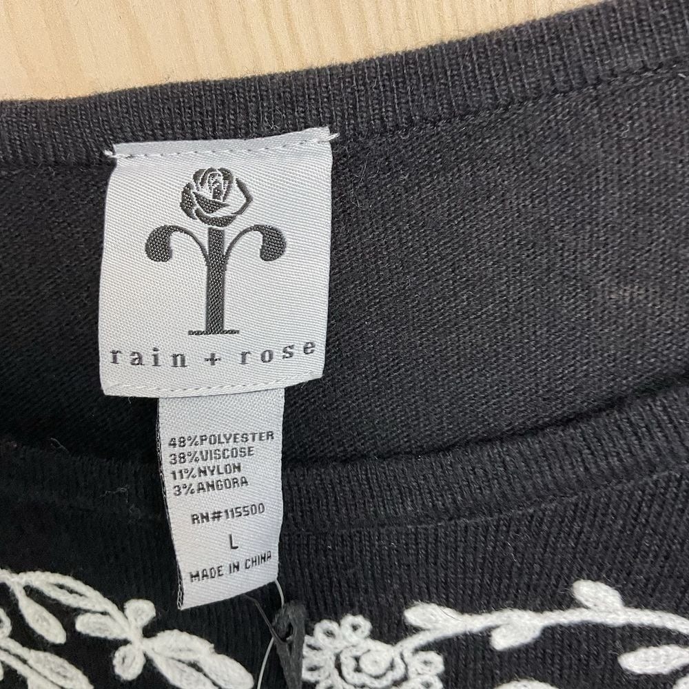 Rain + Rose NWT Knit Sweater Black Embroidered Angora blend pullover size Large - Picture 2 of 6